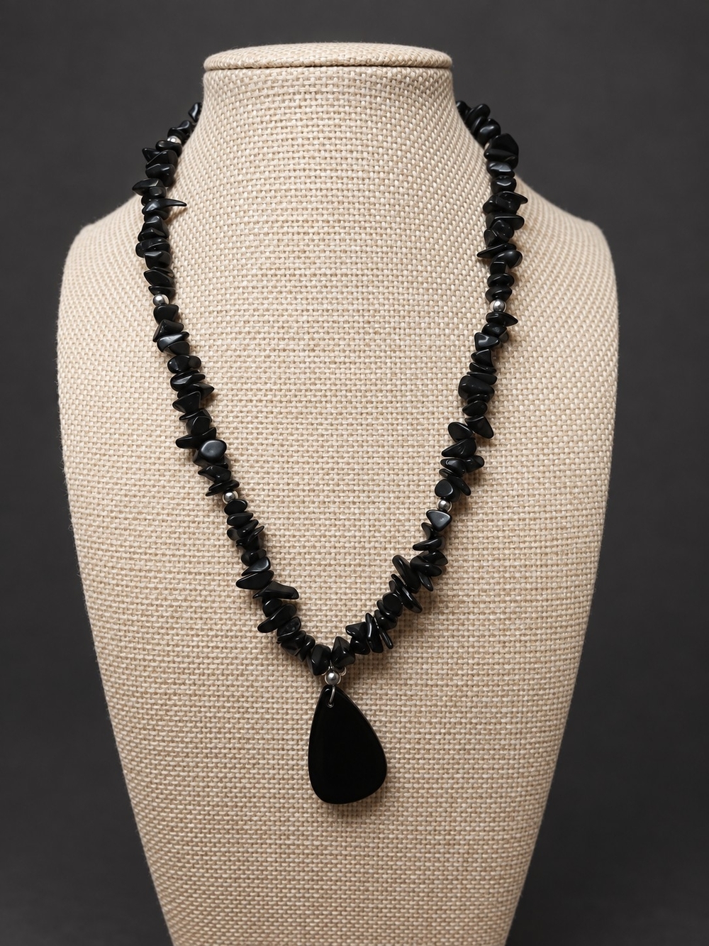 Black Chip Bead Necklace with Teardrop Pendant